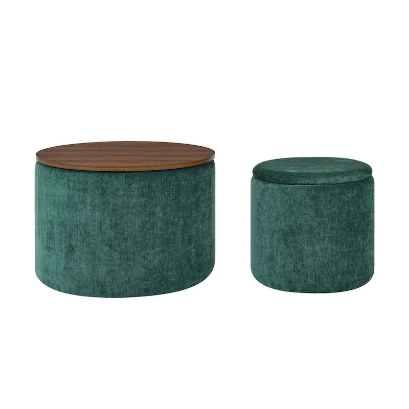 Pouf de rangement rond en chenille, composé de 2 pièces, comprenant un petit tabouret cylindrique, un espace de rangement et un plateau en MDF.
