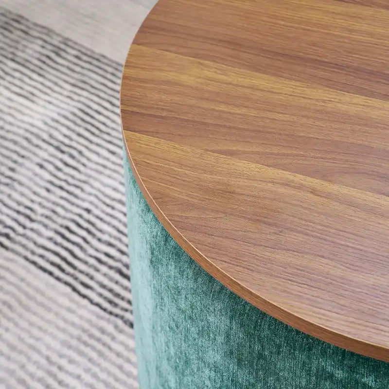 Pouf de rangement rond en chenille, composé de 2 pièces, comprenant un petit tabouret cylindrique, un espace de rangement et un plateau en MDF.