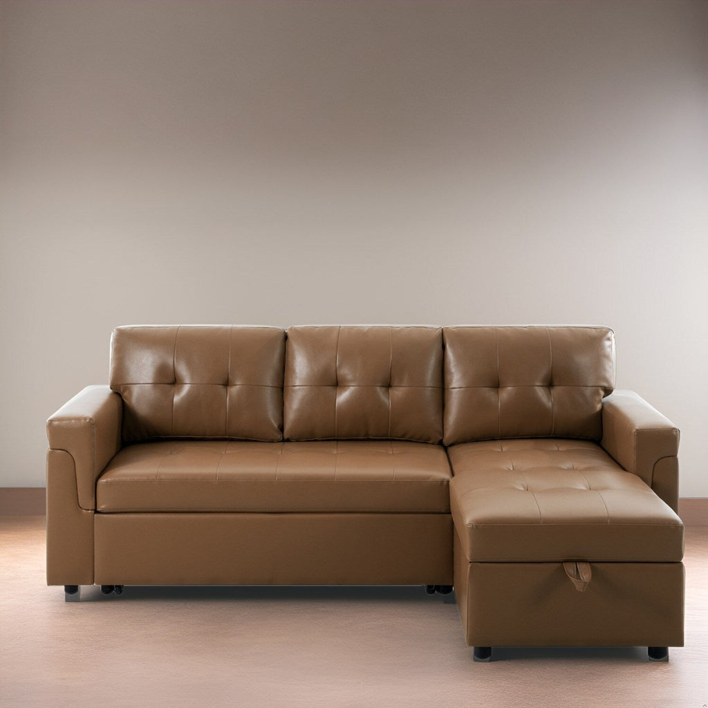 Canapé d'angle convertible et réversible avec lit gigogne, méridienne de rangement dissimulée et pieds robustes.