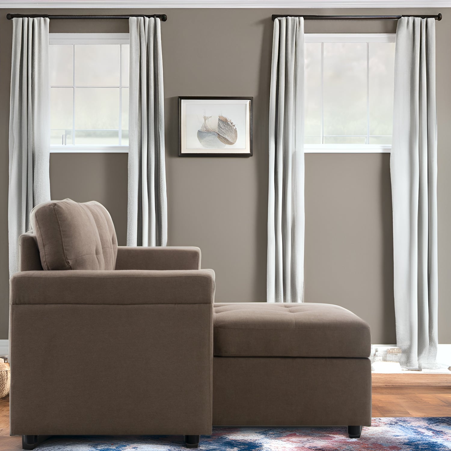 Canapé d'angle convertible et réversible avec lit gigogne, méridienne de rangement dissimulée et pieds robustes.