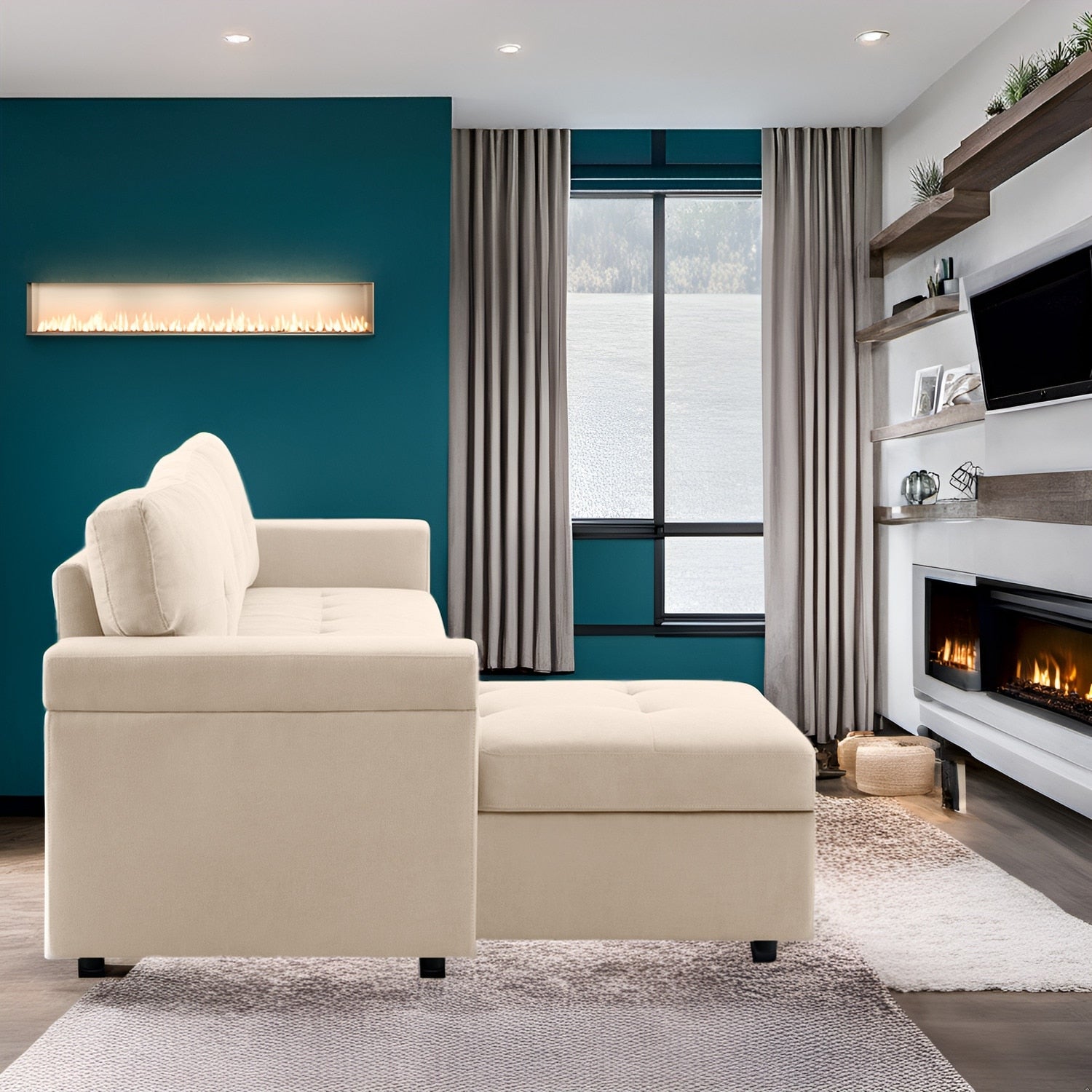 Canapé d'angle convertible et réversible avec lit gigogne, méridienne de rangement dissimulée et pieds robustes.