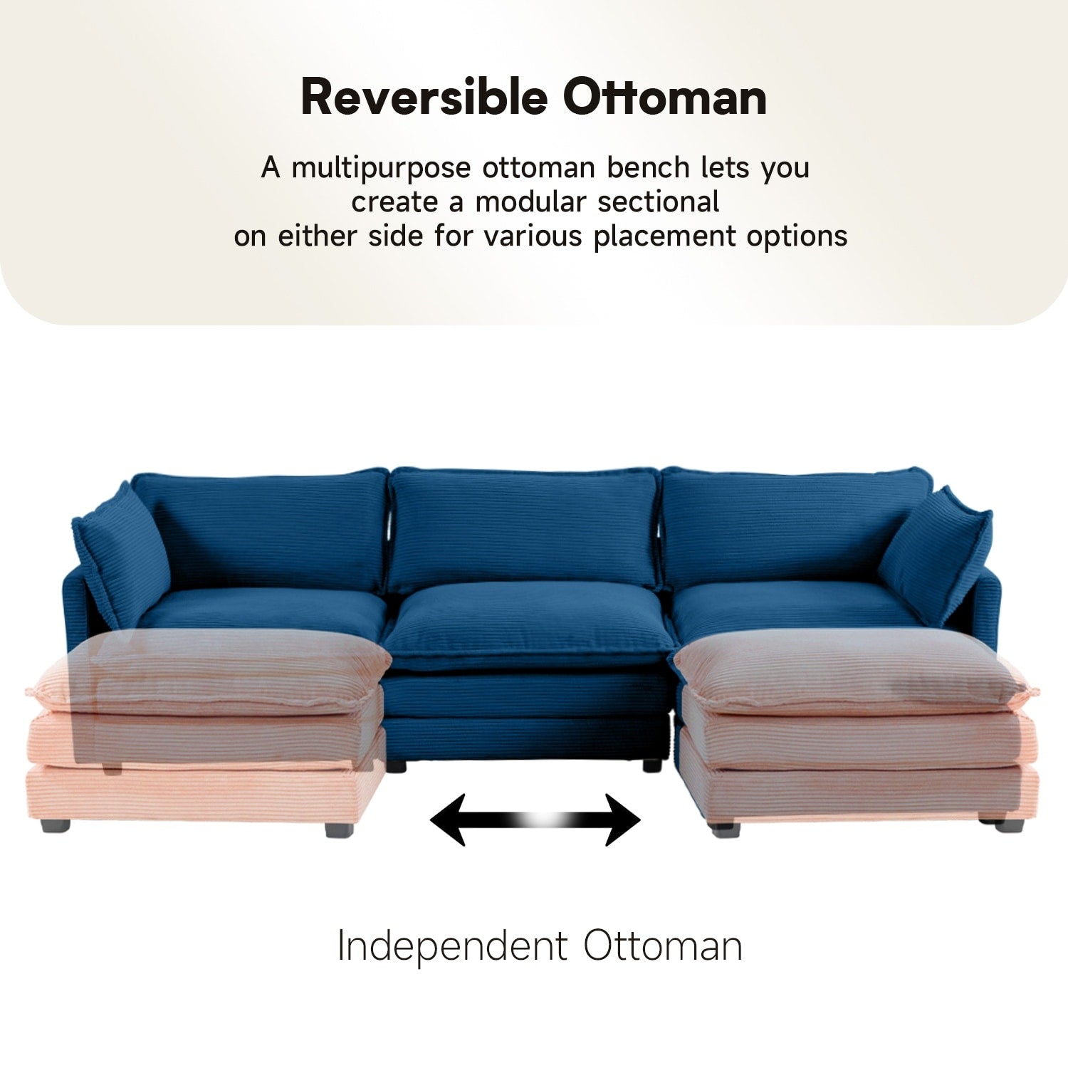 Canapé d'angle en velours côtelé avec poufs amovibles et coussins ultra-doux pour salon et chambre