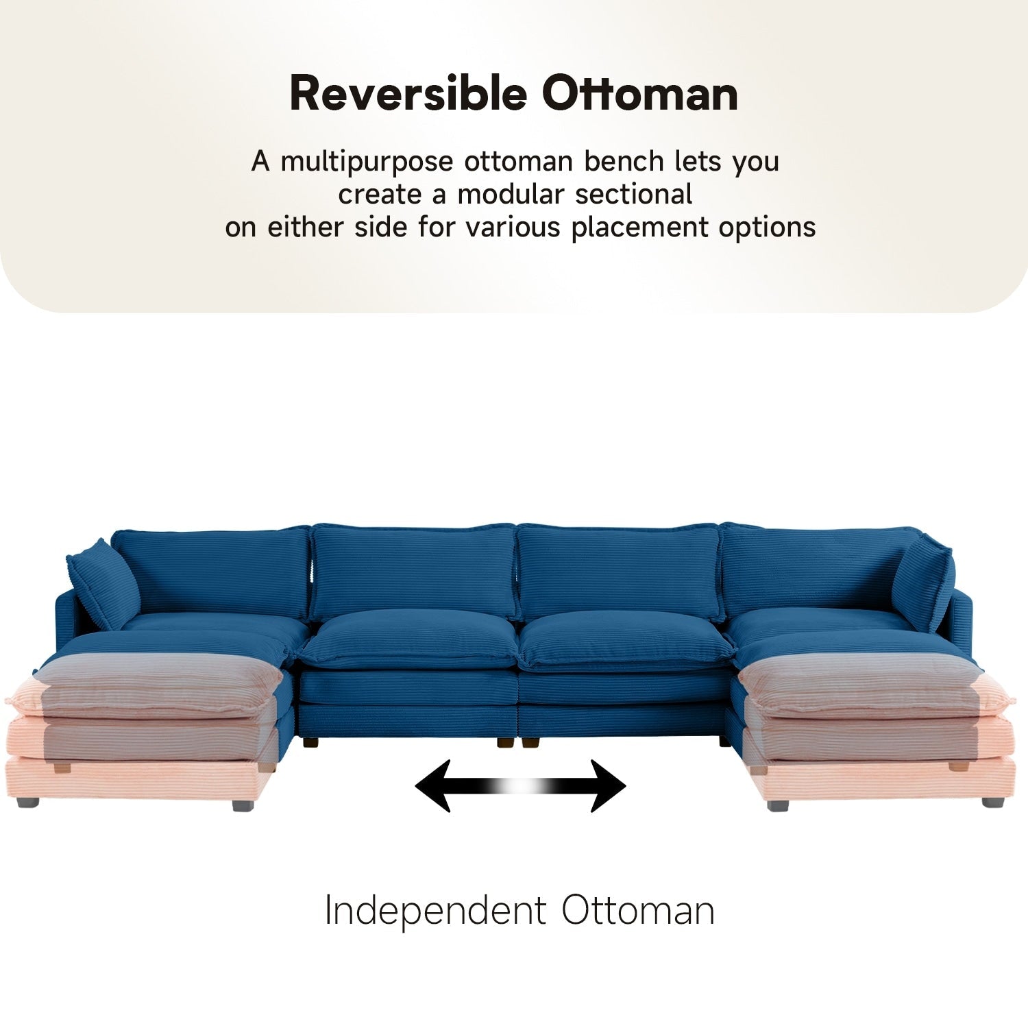 Canapé d'angle en velours côtelé avec poufs amovibles et coussins ultra-doux pour salon et chambre