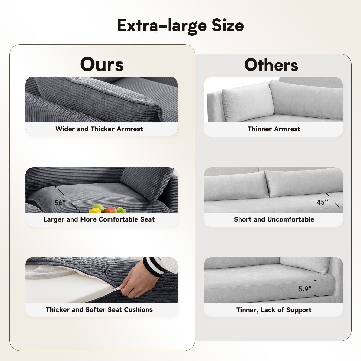 Canapé d'angle en velours côtelé avec poufs amovibles et coussins ultra-doux pour salon et chambre