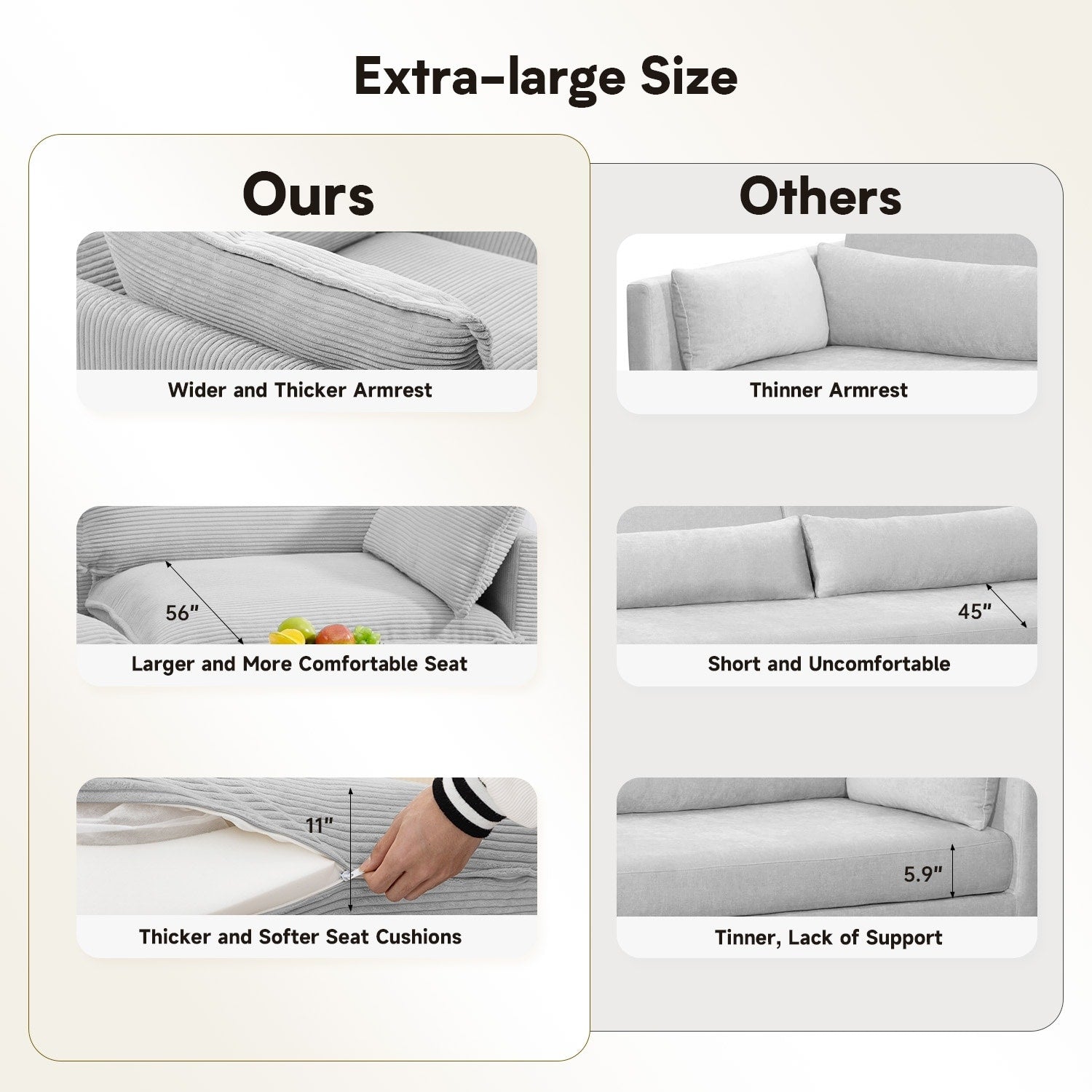 Canapé d'angle en velours côtelé avec poufs amovibles et coussins ultra-doux pour salon et chambre