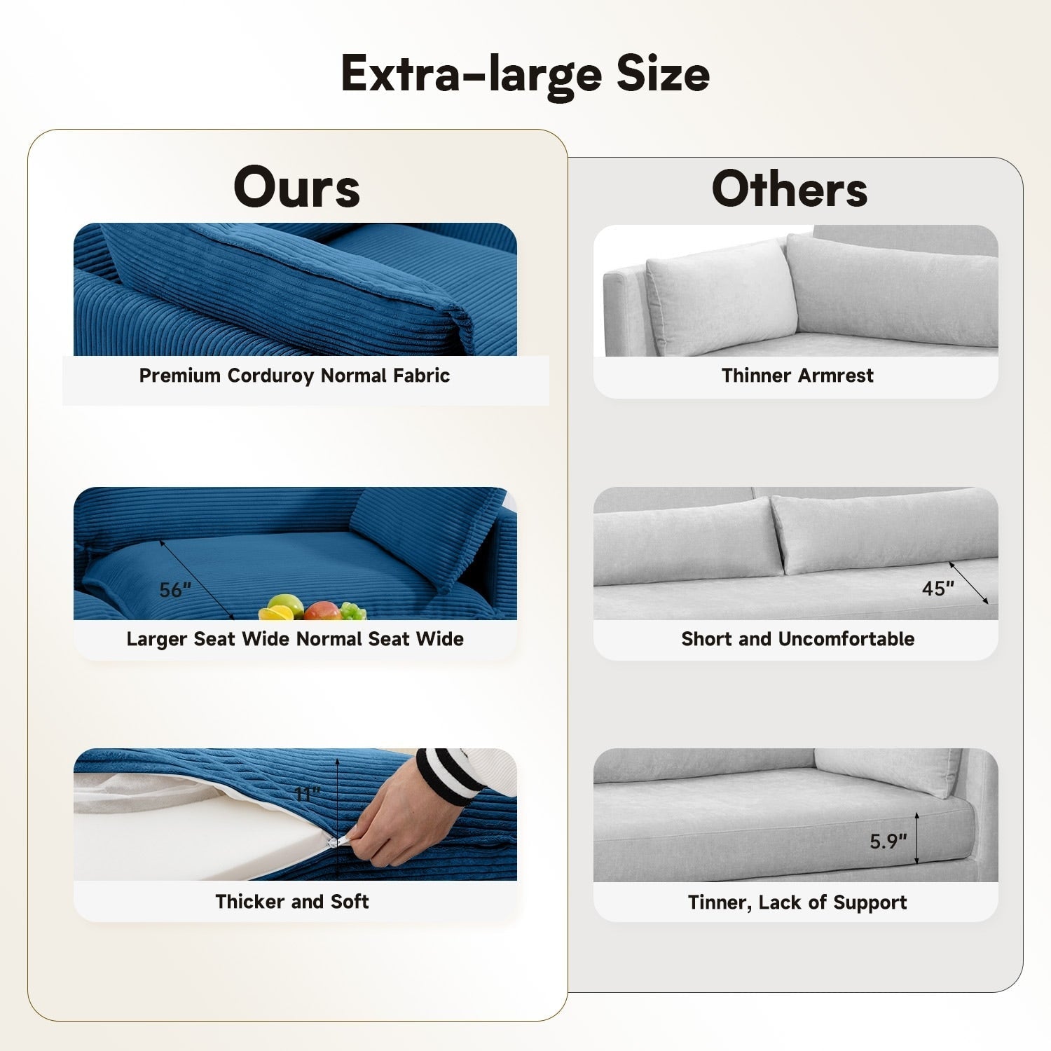 Canapé d'angle en velours côtelé avec poufs amovibles et coussins ultra-doux pour salon et chambre