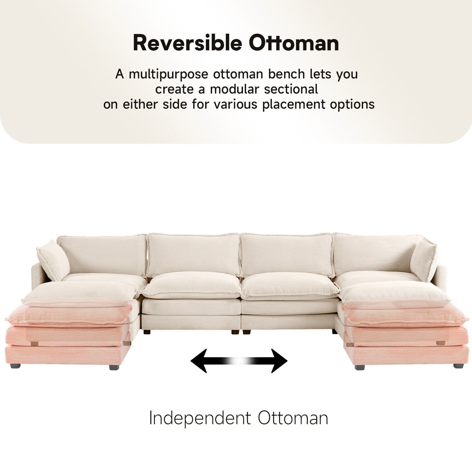 Canapé d'angle en velours côtelé avec poufs amovibles et coussins ultra-doux pour salon et chambre