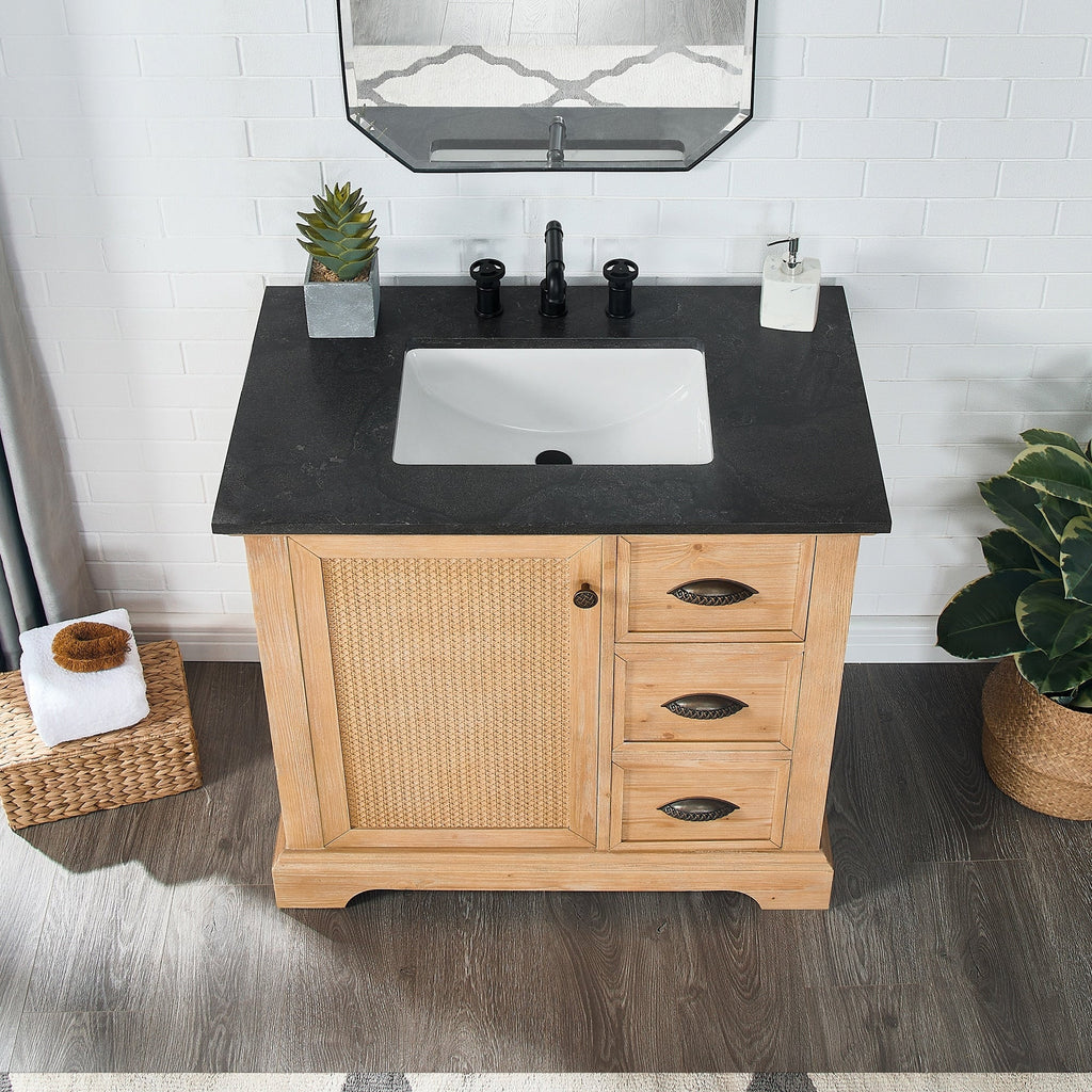 Meuble-lavabo Hervas avec plateau en marbre naturel, sans miroir.