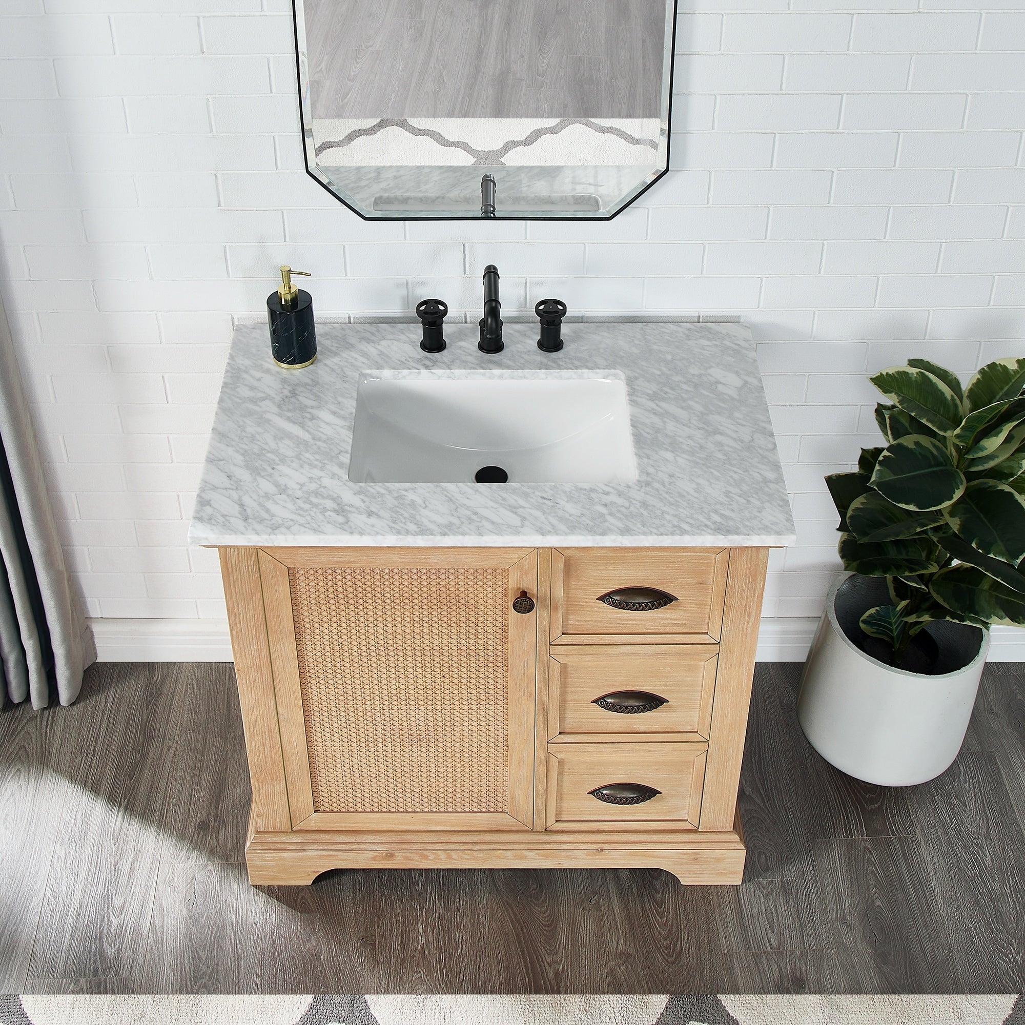 Meuble-lavabo Hervas avec plateau en marbre naturel, sans miroir.