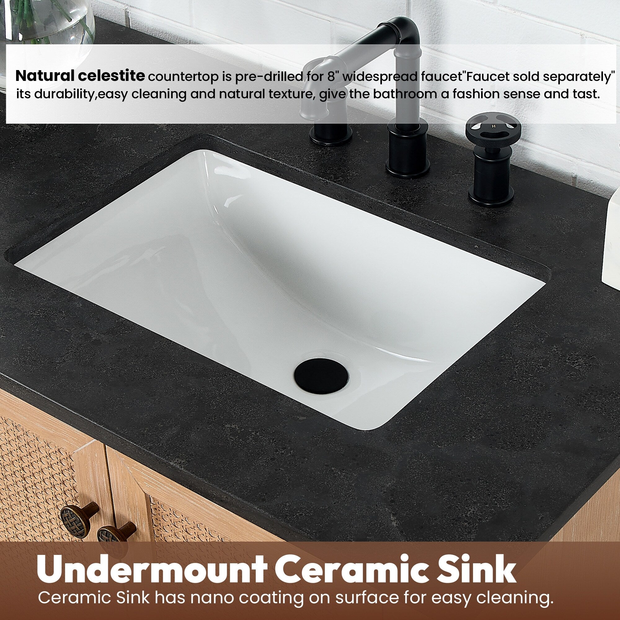 Meuble-lavabo Hervas avec plateau en marbre naturel, sans miroir.