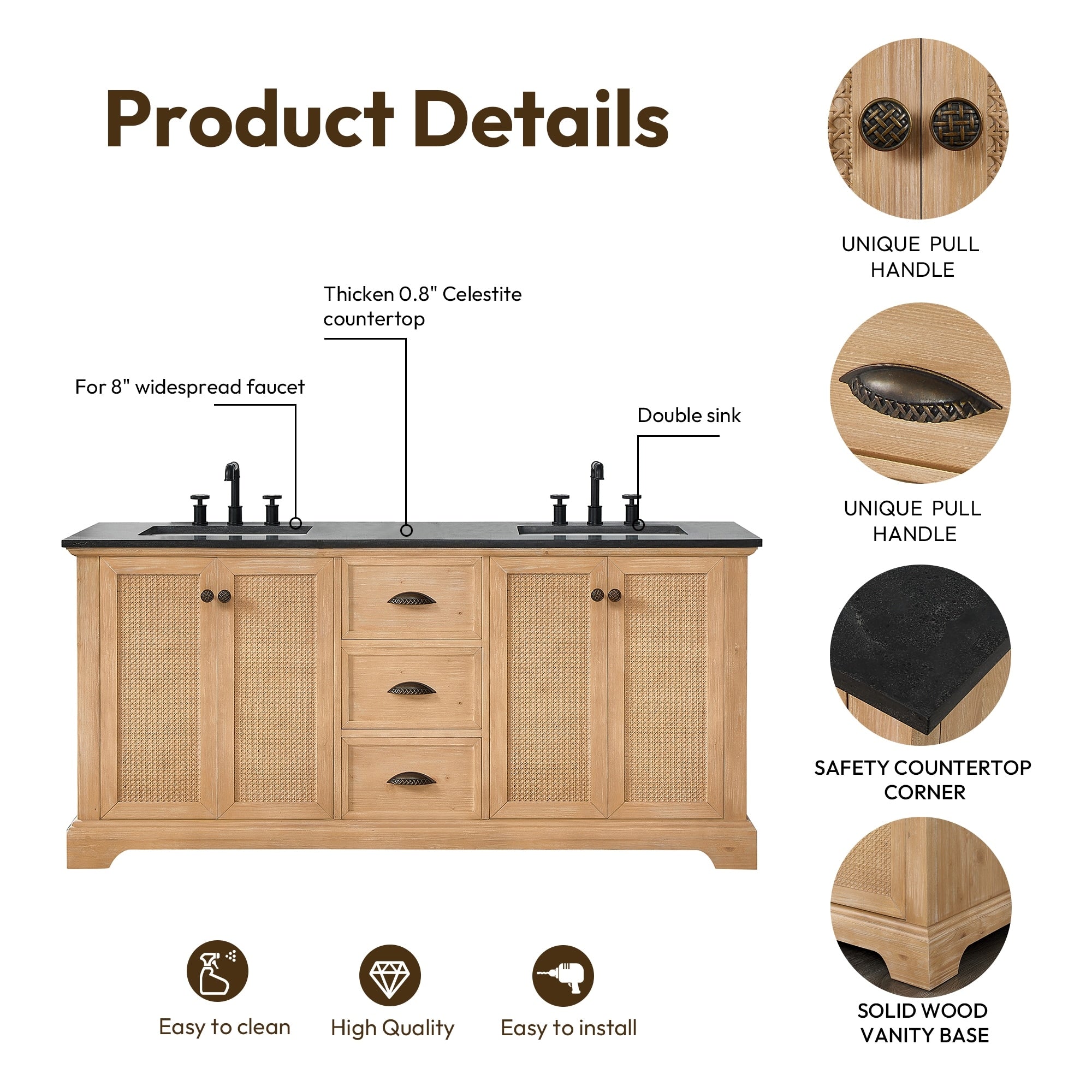 Meuble-lavabo Hervas avec plateau en marbre naturel, sans miroir.