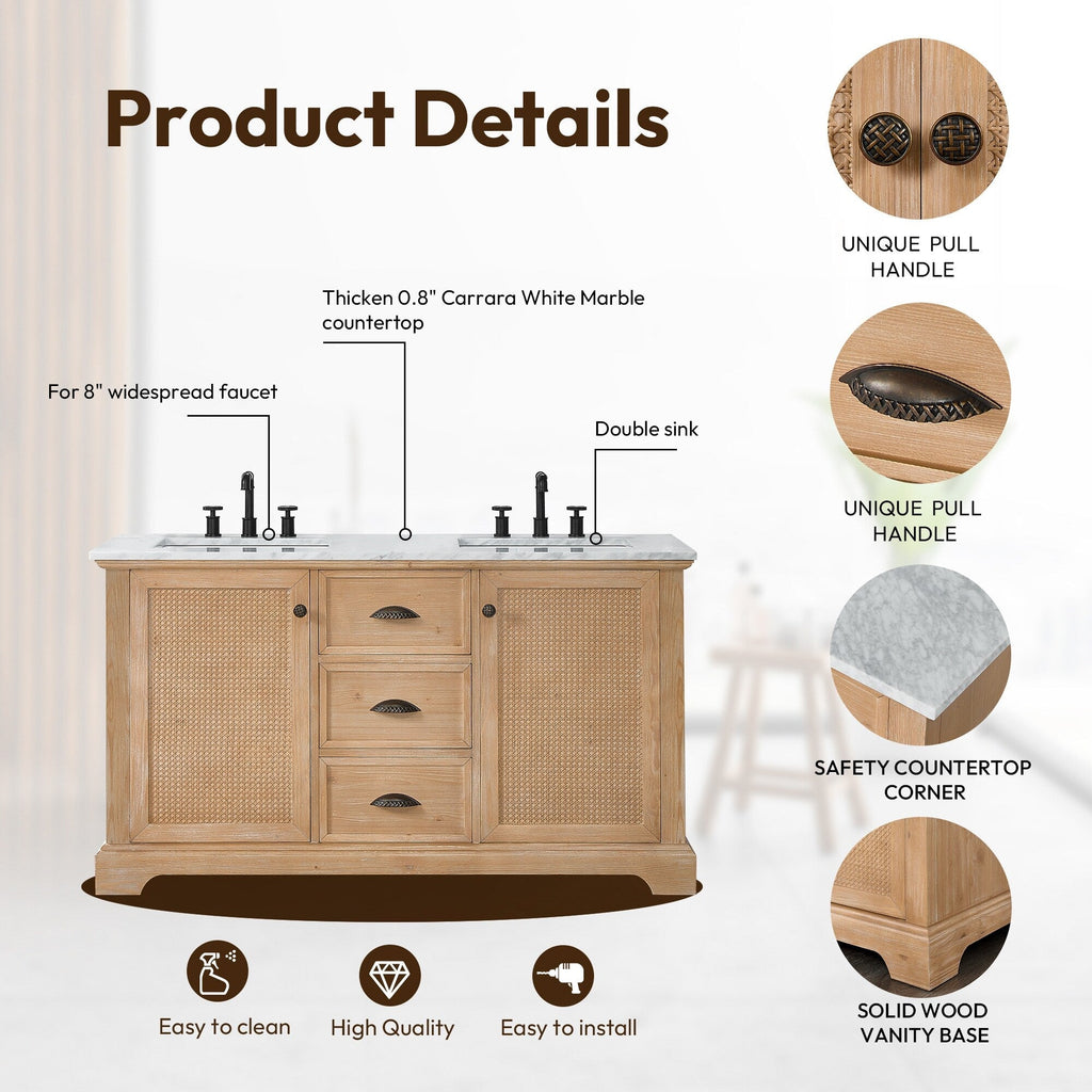 Meuble-lavabo Hervas avec plateau en marbre naturel, sans miroir.