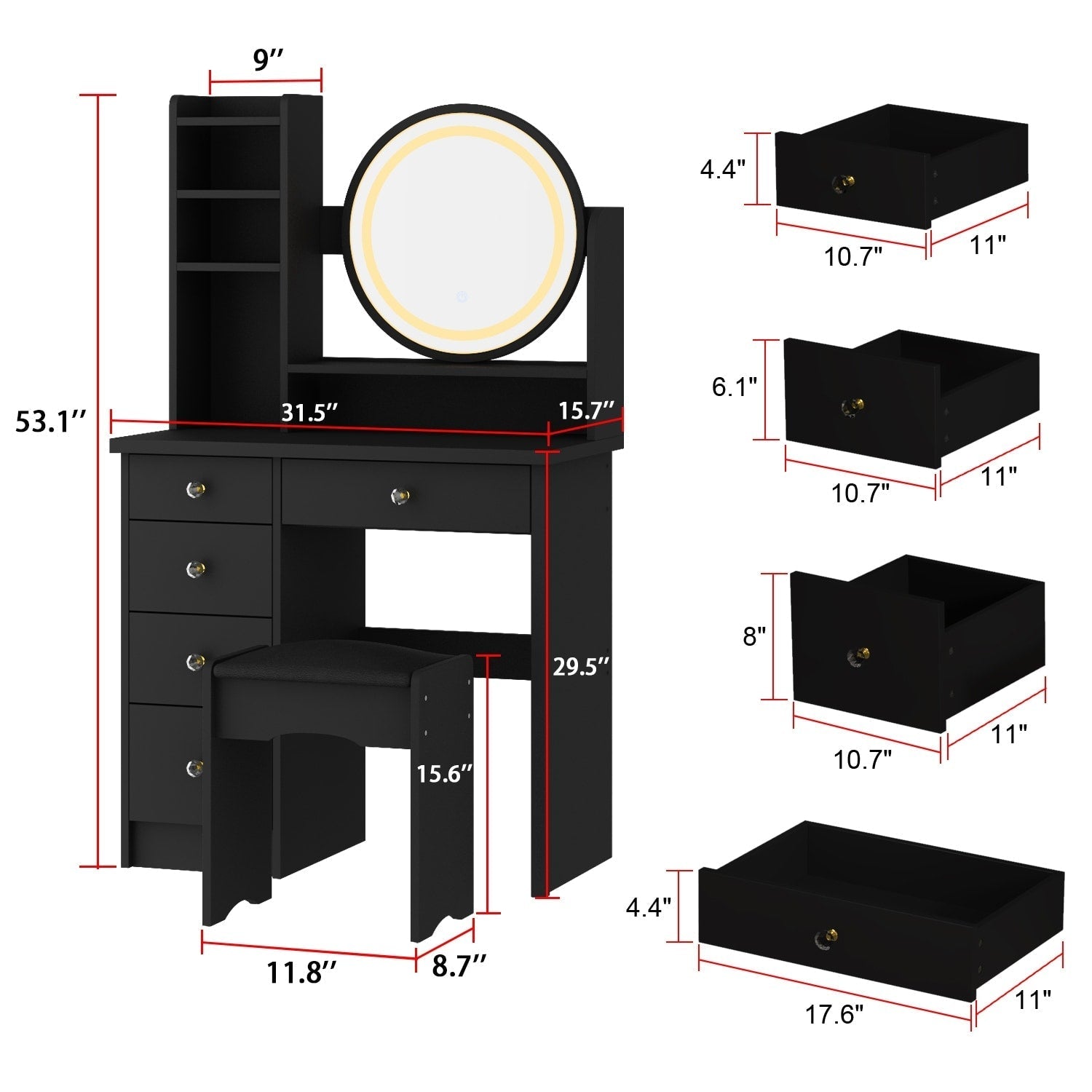 Ensemble coiffeuse avec miroir tactile et tabouret