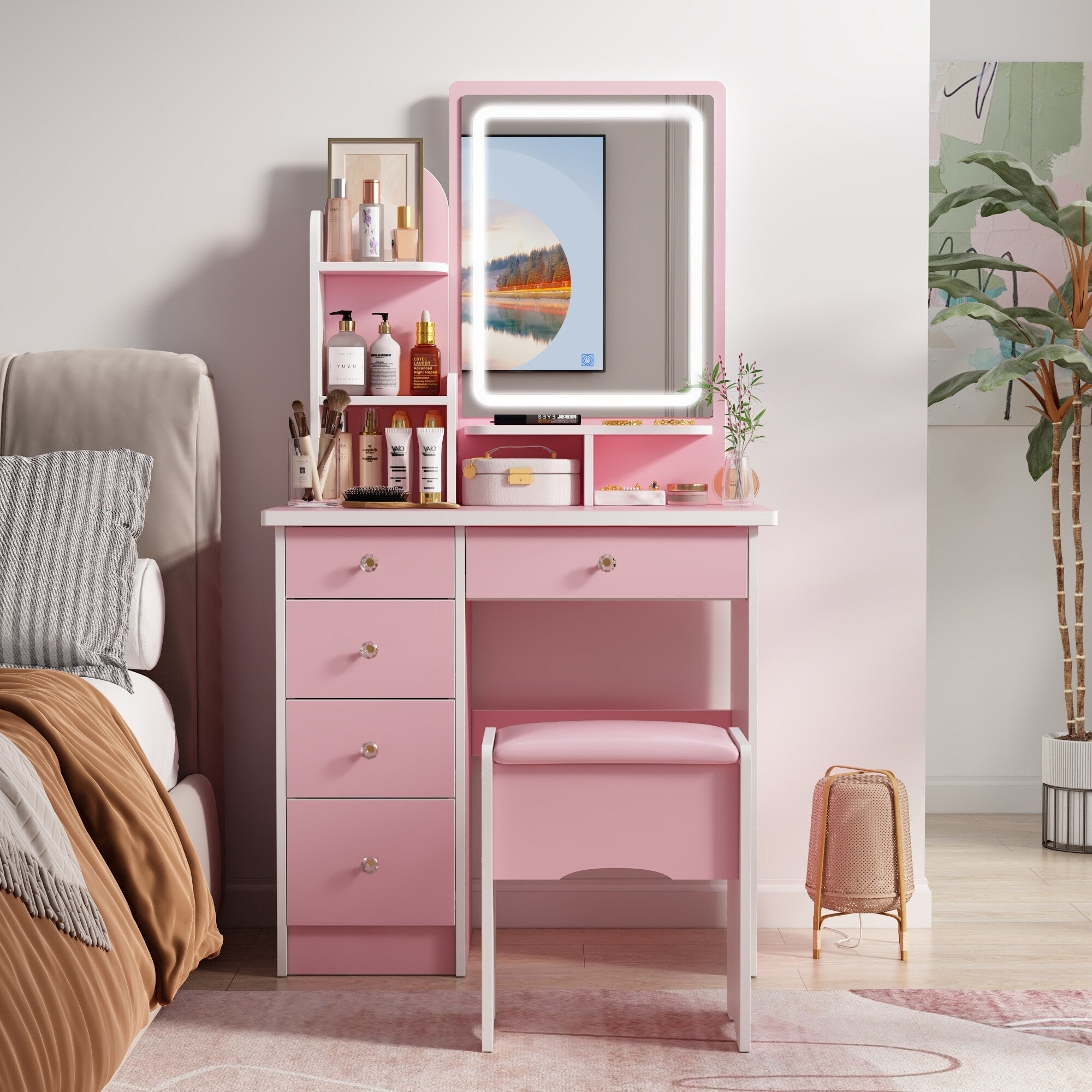 Ensemble coiffeuse avec lumière LED, miroir et tabouret