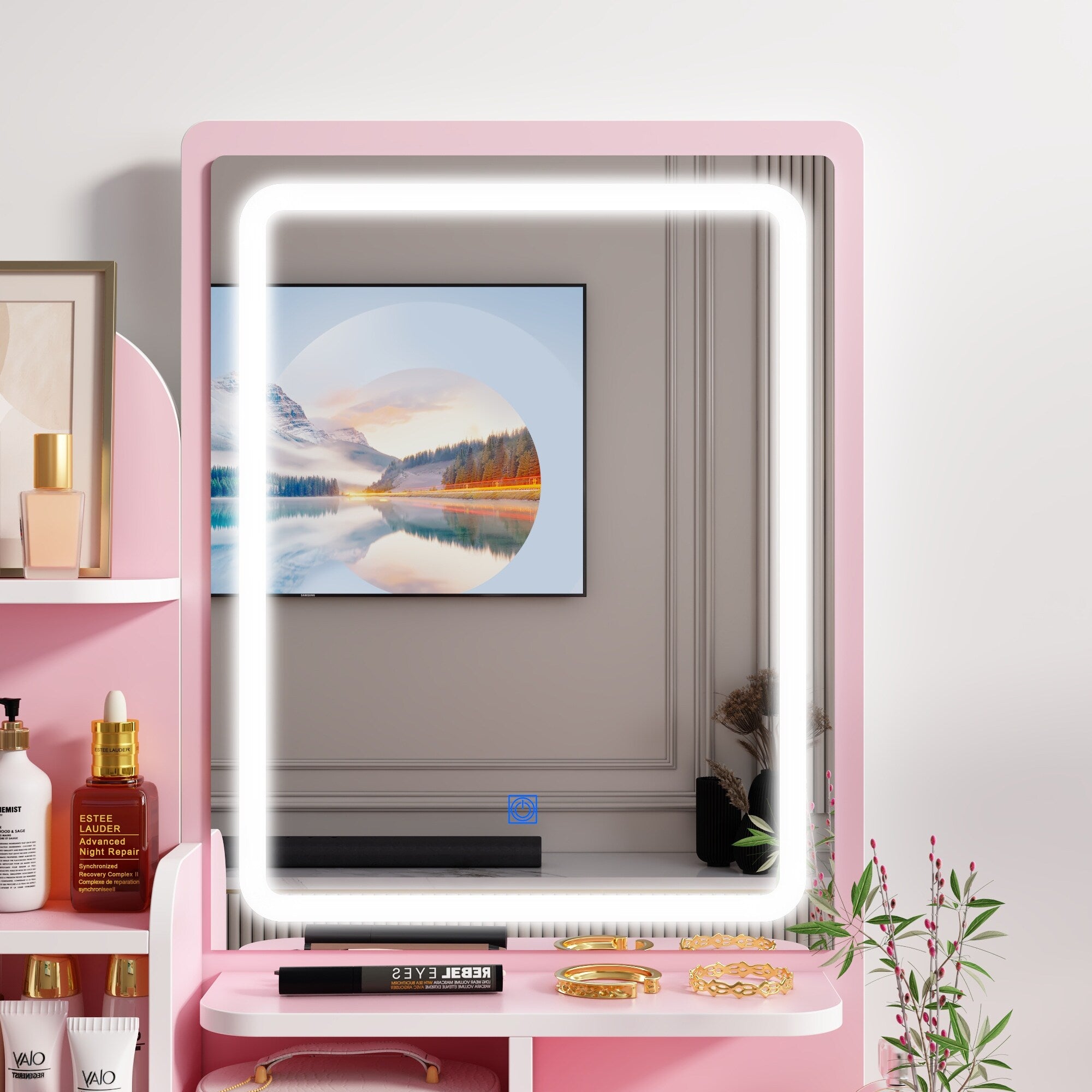 Ensemble coiffeuse avec lumière LED, miroir et tabouret