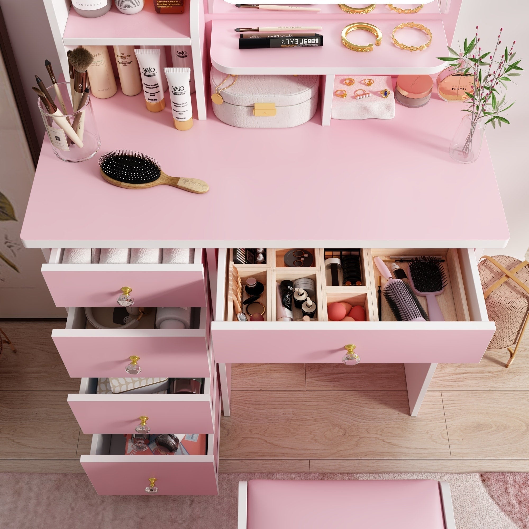 Ensemble coiffeuse avec lumière LED, miroir et tabouret