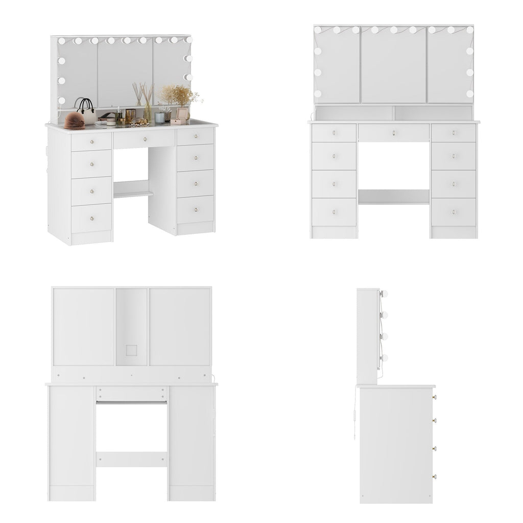 Coiffeuse avec miroir à trois volets, éclairage certifié, plateau en verre