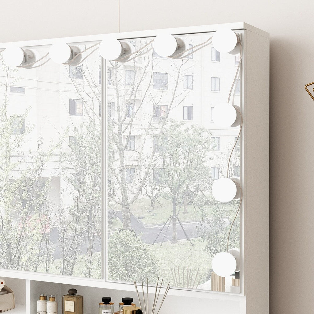 Coiffeuse avec miroir à trois volets, éclairage certifié, plateau en verre