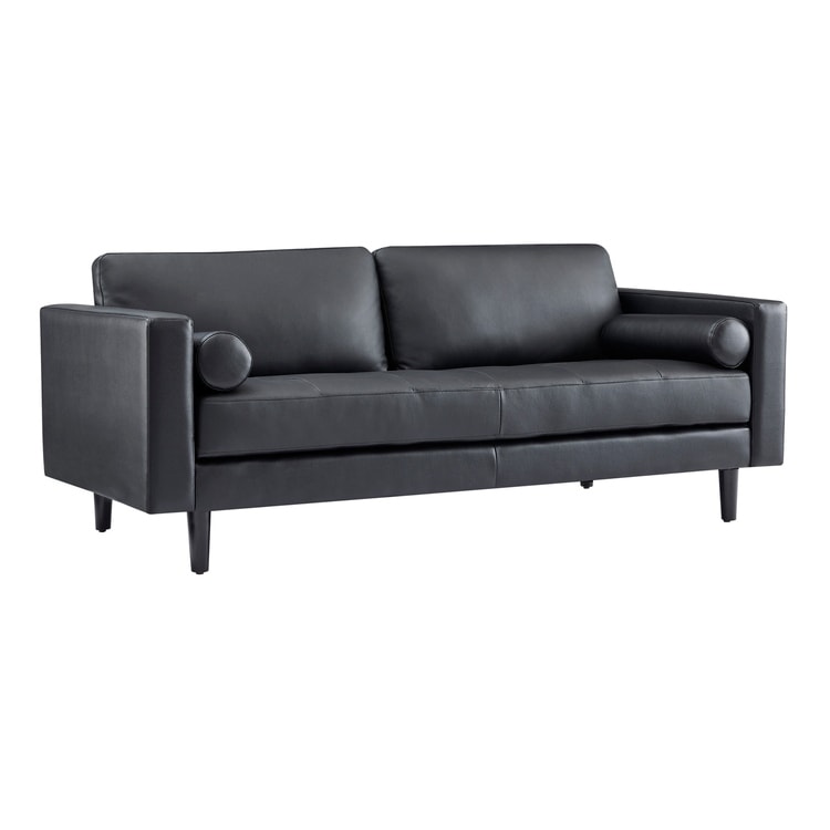 Canapé moderne en cuir véritable avec pieds en bois et coussin cylindrique supplémentaire