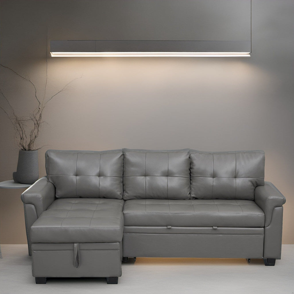 Canapé d'angle réversible avec lit gigogne, méridienne avec rangement dissimulé, pieds robustes.