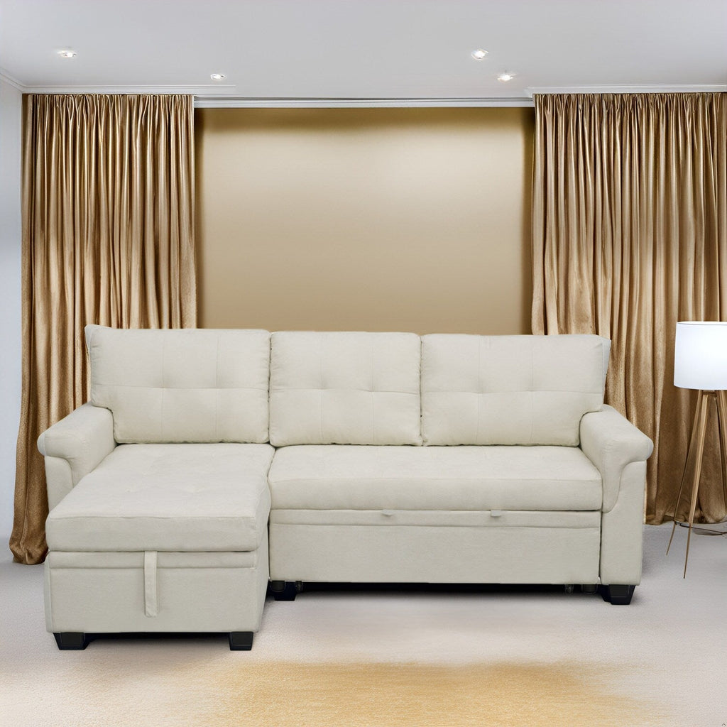 Canapé d'angle réversible avec lit gigogne, méridienne avec rangement dissimulé, pieds robustes.