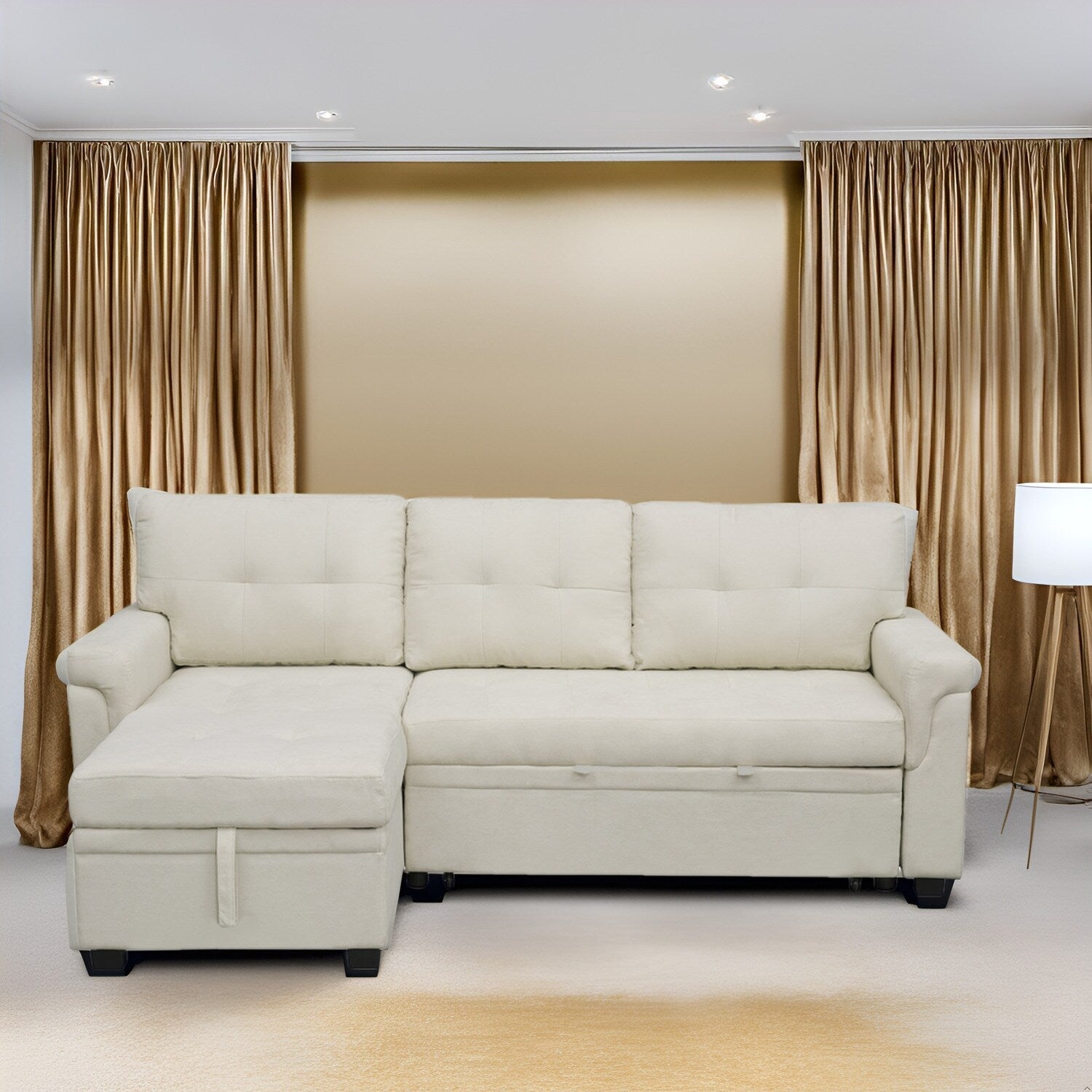 Canapé d'angle réversible avec lit gigogne, méridienne avec rangement dissimulé, pieds robustes.