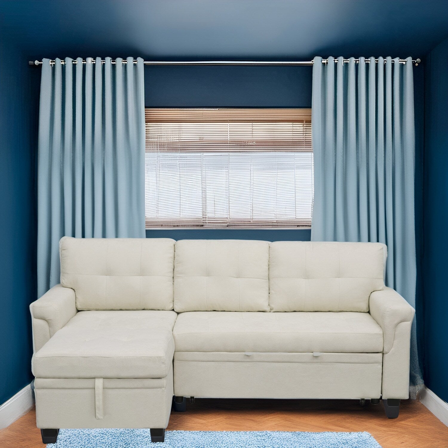 Canapé d'angle réversible avec lit gigogne, méridienne avec rangement dissimulé, pieds robustes.