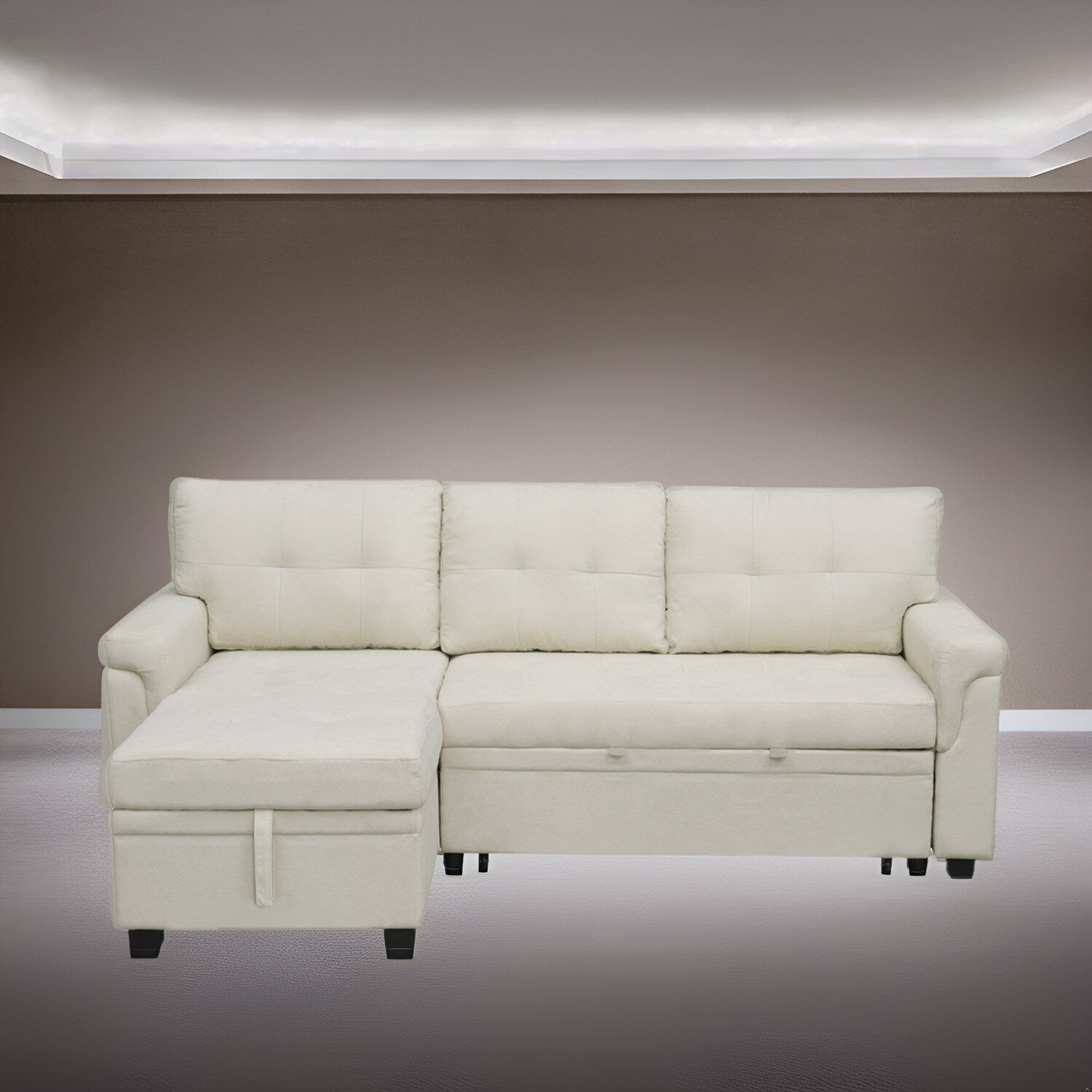 Canapé d'angle réversible avec lit gigogne, méridienne avec rangement dissimulé, pieds robustes.