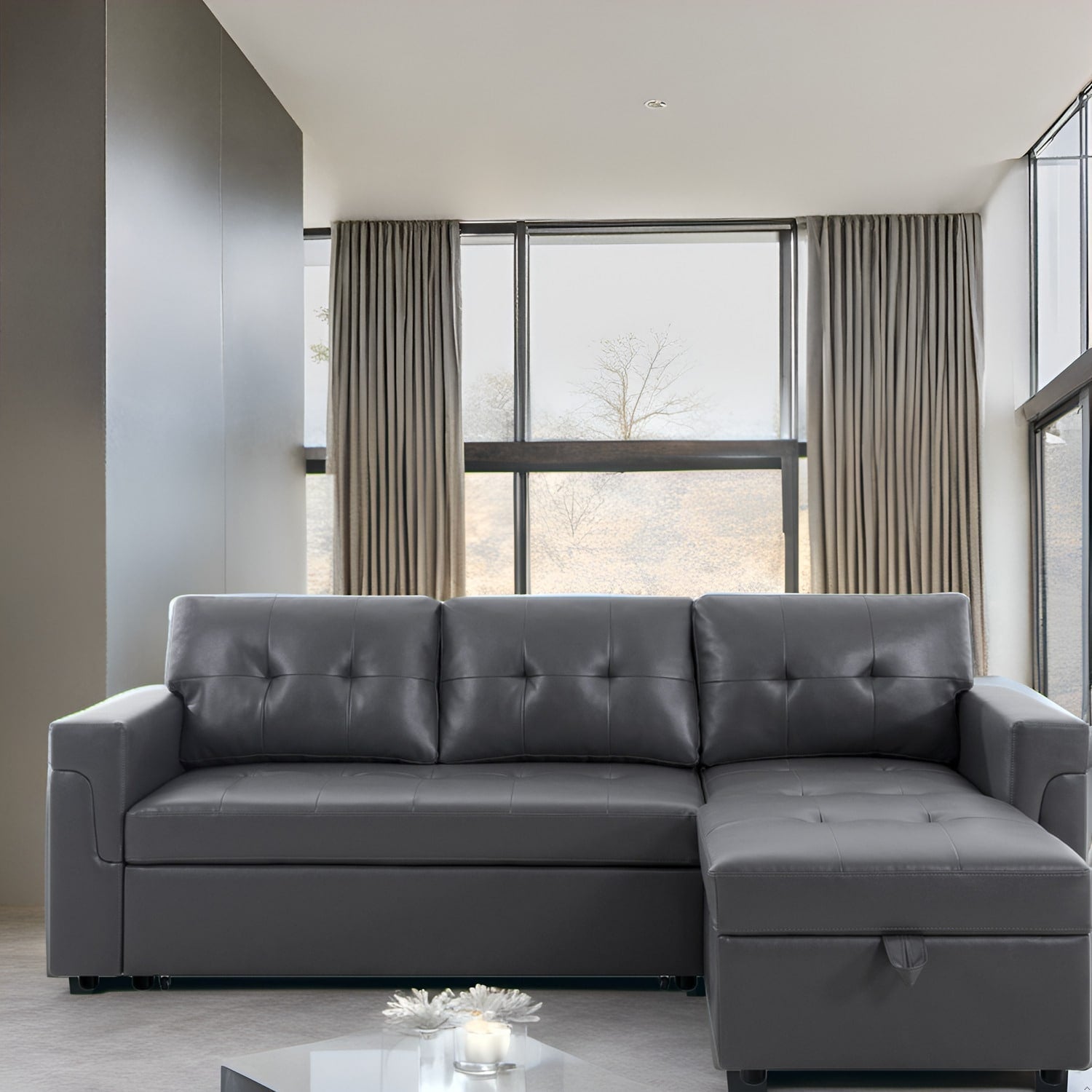 Canapé d'angle réversible avec lit gigogne, méridienne avec rangement dissimulé, pieds robustes.