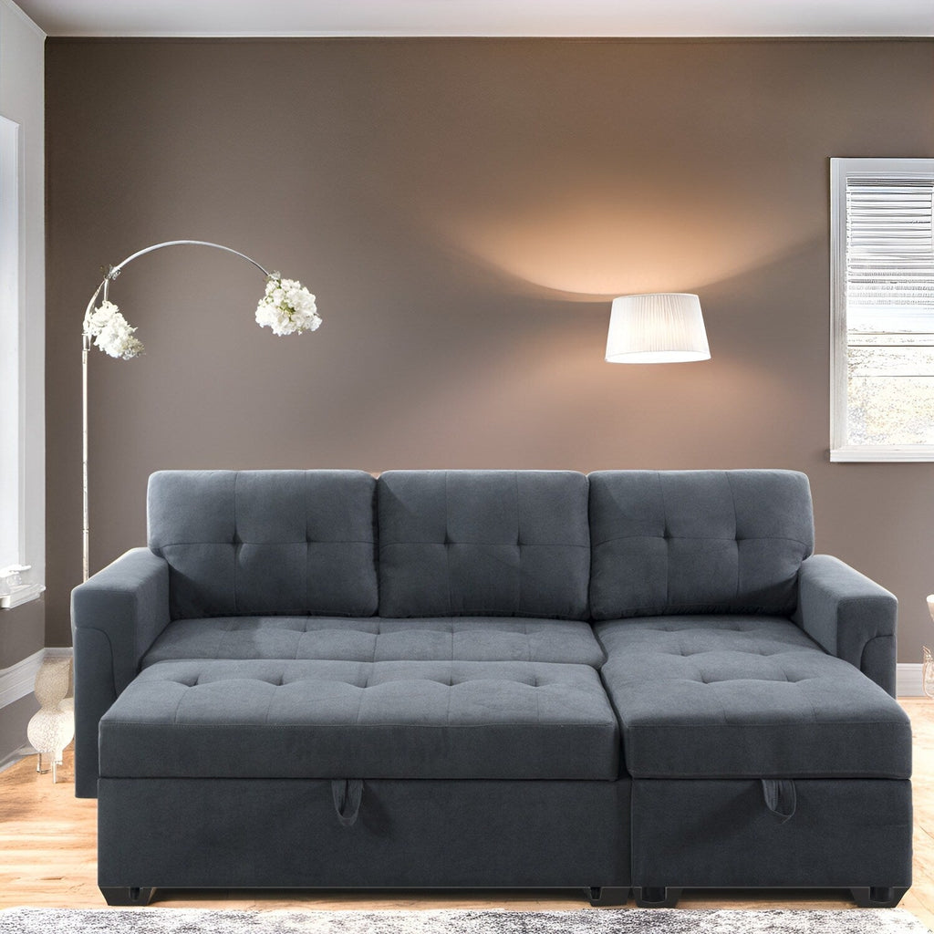 Canapé d'angle réversible avec lit gigogne, méridienne avec rangement dissimulé, pieds robustes.