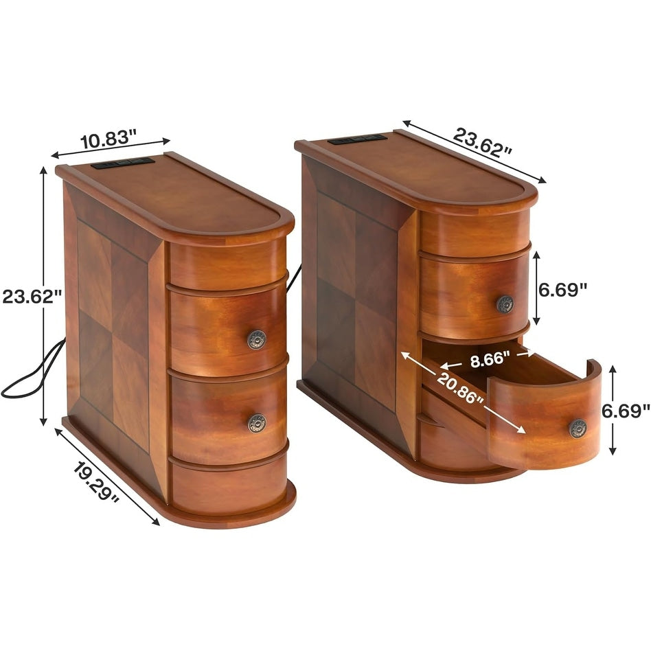 Table d'appoint en bois massif, table d'appoint étroite à deux tiroirs