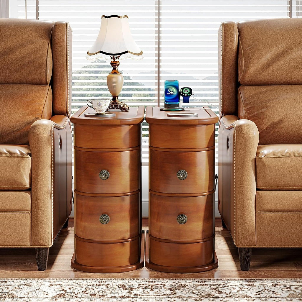 Table d'appoint en bois massif, table d'appoint étroite à deux tiroirs