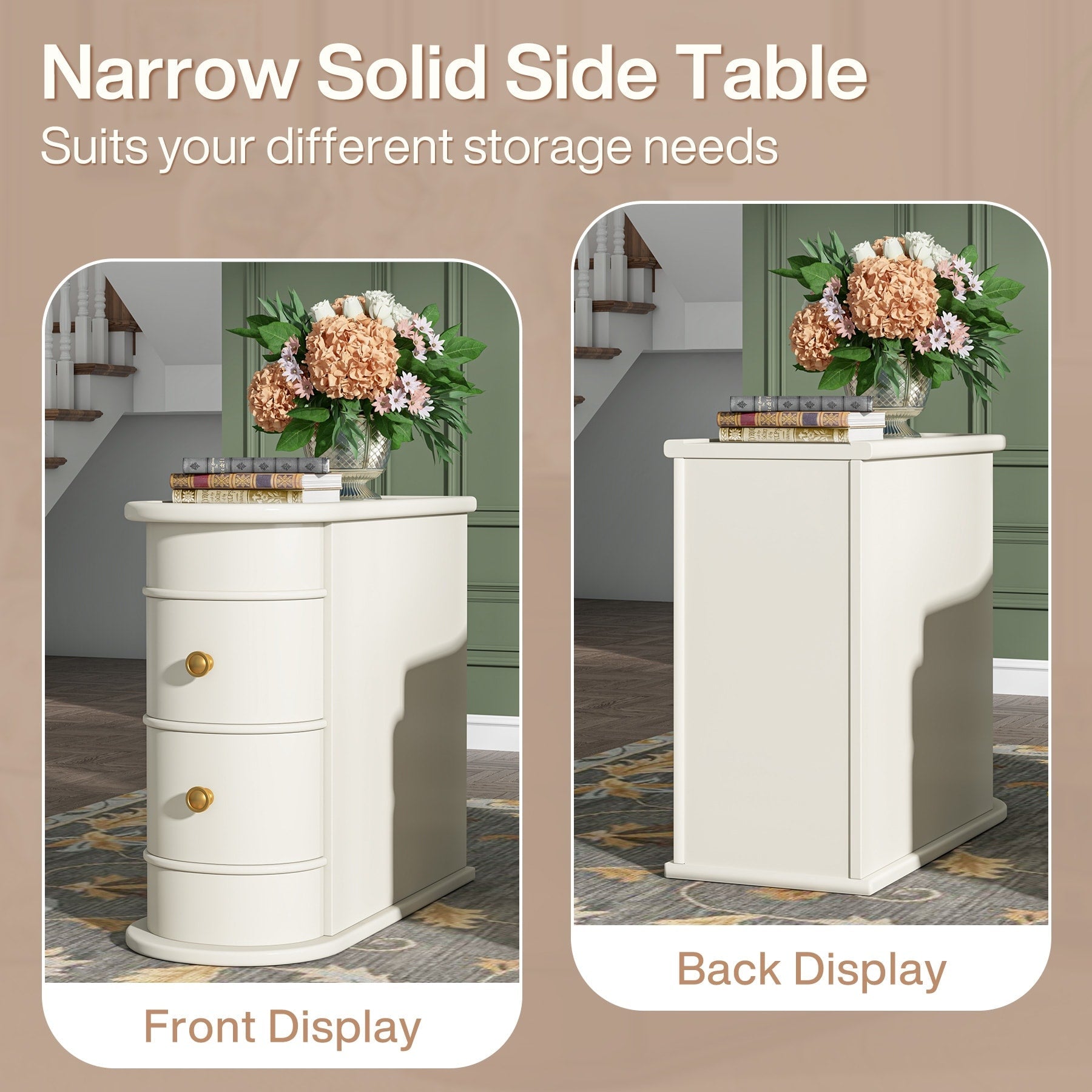 Table d'appoint en bois massif, table d'appoint étroite à deux tiroirs